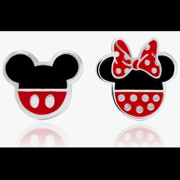 Disney Mismatched Stud Earrings, Mickey and Minnie Mouse, Silver Plated - Picture 1 of 5